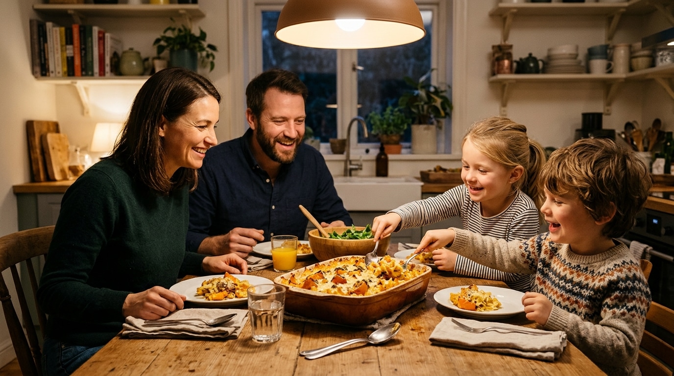 Famille partageant un gratin de pâtes au potimarron