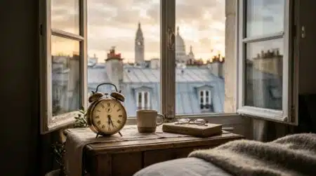 Réveil ancien arrêté sur une table de chevet au petit matin