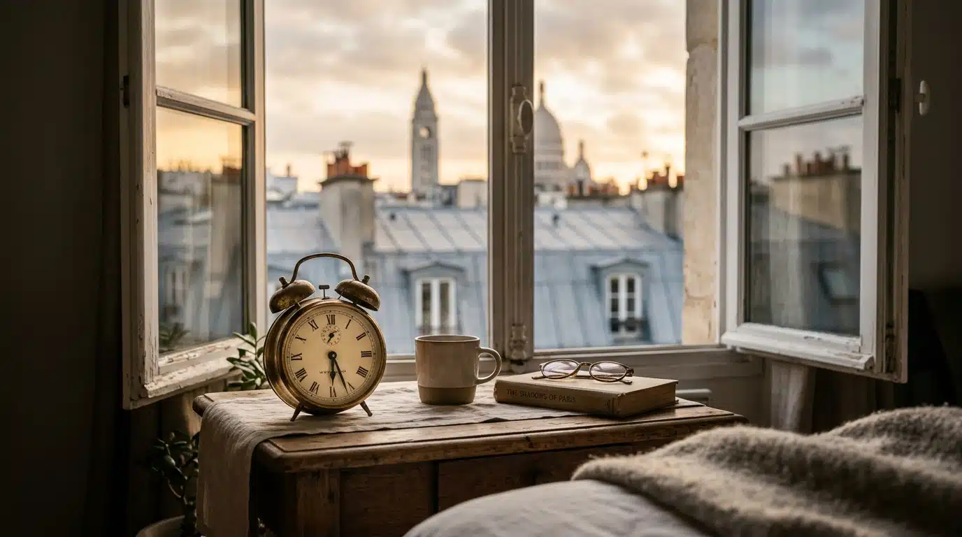 Réveil ancien arrêté sur une table de chevet au petit matin
