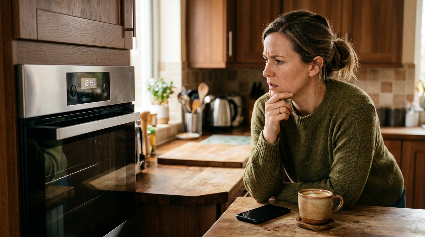 Personne perplexe devant l'horloge du four dans une cuisine