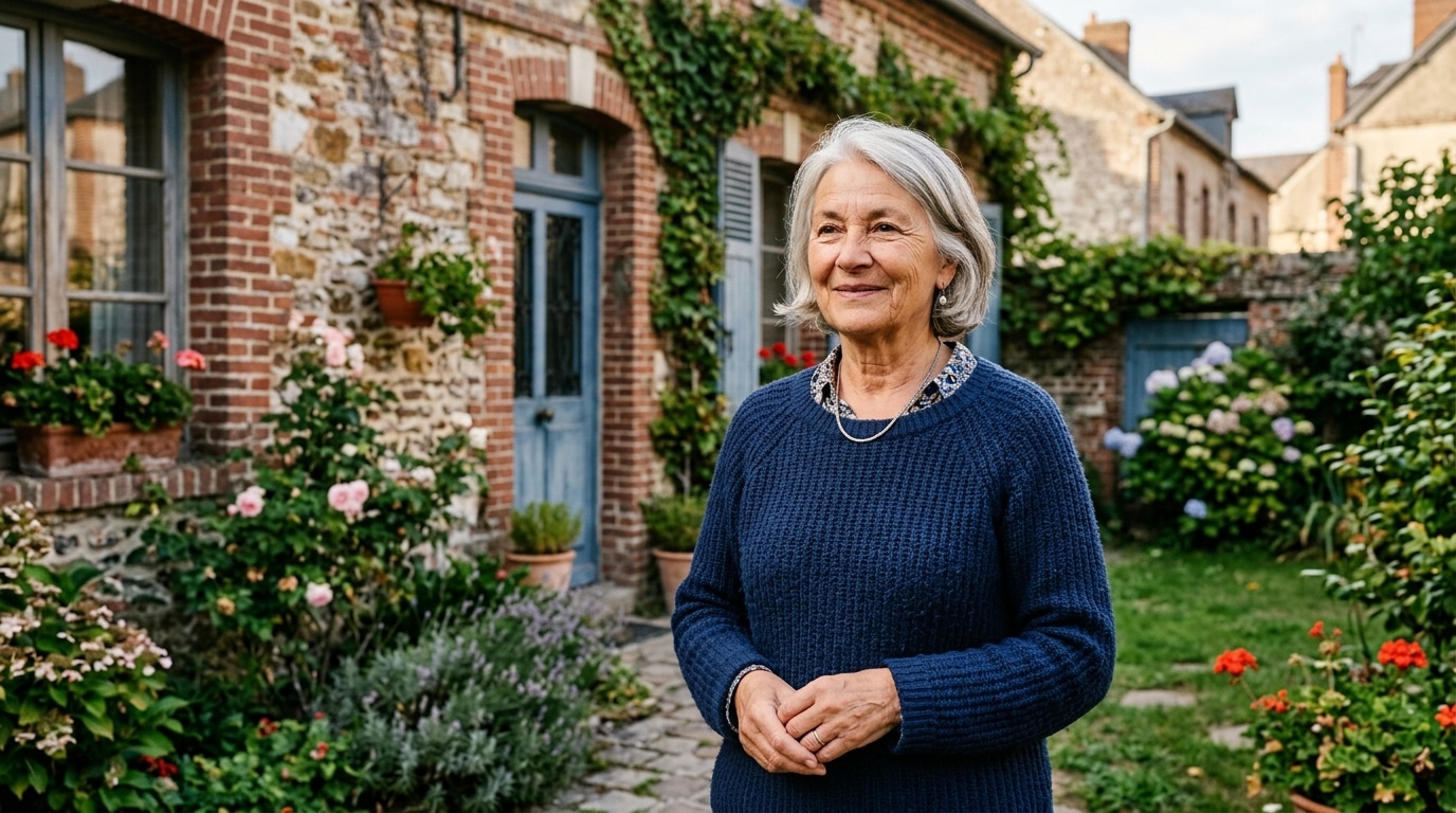 Retraitée sereine devant une maison en brique rouge
