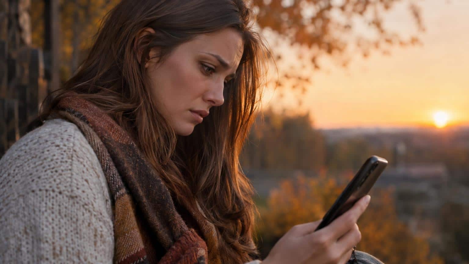 Personne déçue regardant son téléphone en soirée d'automne