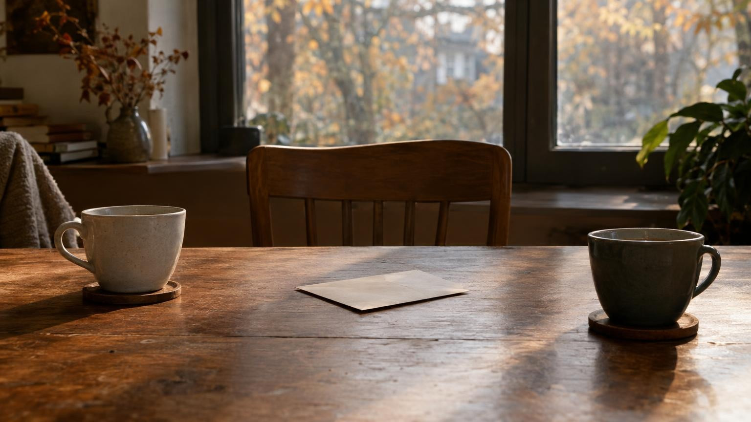 Deux tasses de café et une lettre retournée sur une table