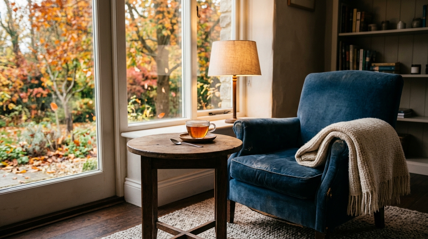 Fauteuil vide près d'une lampe allumée en automne