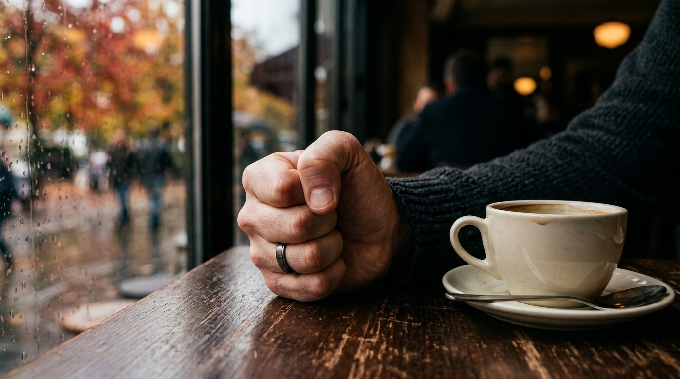 Main crispée sur une table de restaurant en automne