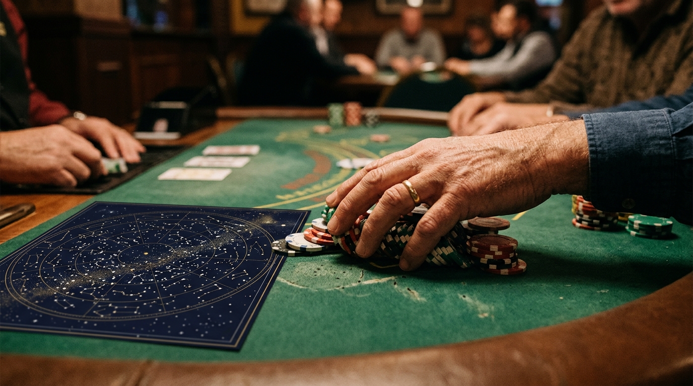 Main poussant des jetons de poker sur un tapis vert
