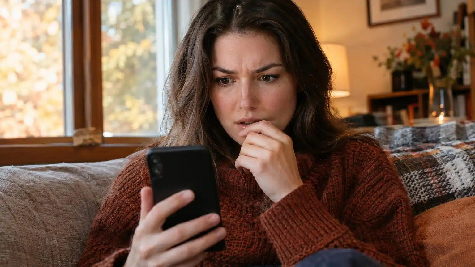 Personne surprise regardant son téléphone en automne