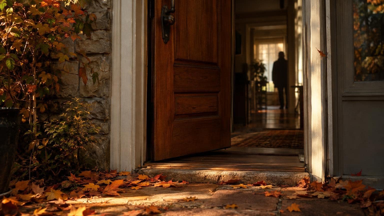 Porte entrouverte avec feuilles d'automne sur le seuil