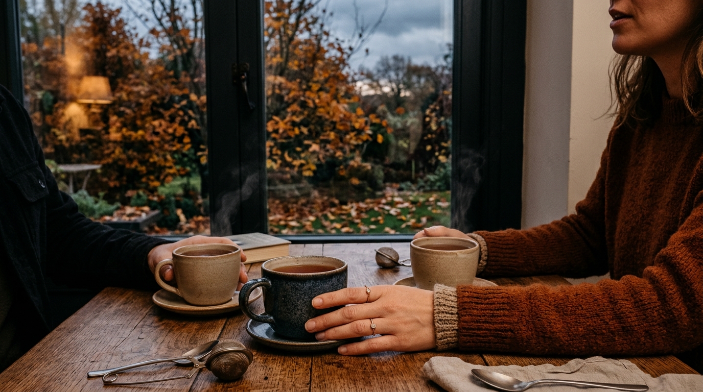 Deux tasses de thé sur une table près d'une fenêtre