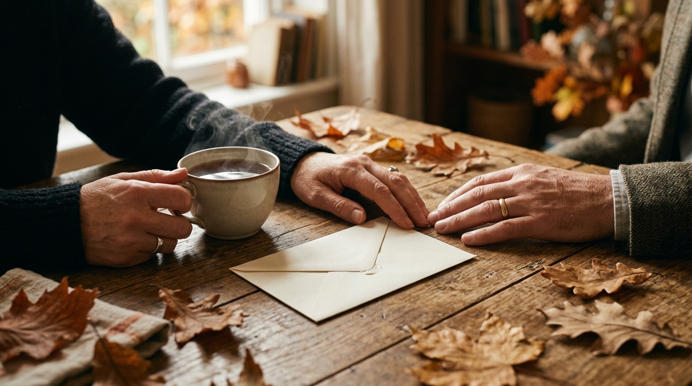 Mains posées sur une table près d'une enveloppe retournée