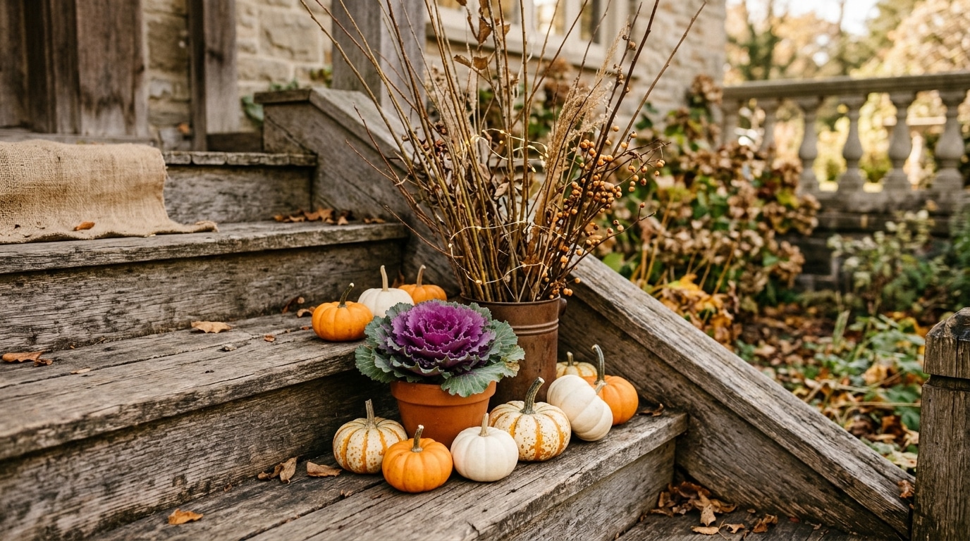 Citrouilles miniatures et chou d'ornement sur marches en bois