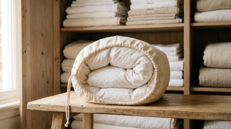 Couette en duvet pliée dans un sac en tissu respirant