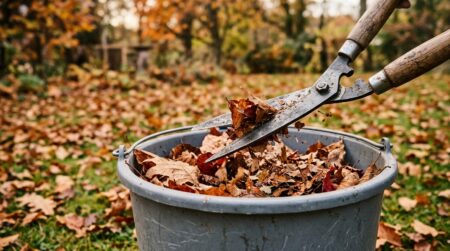 Cisaille coupant des feuilles mortes dans un seau