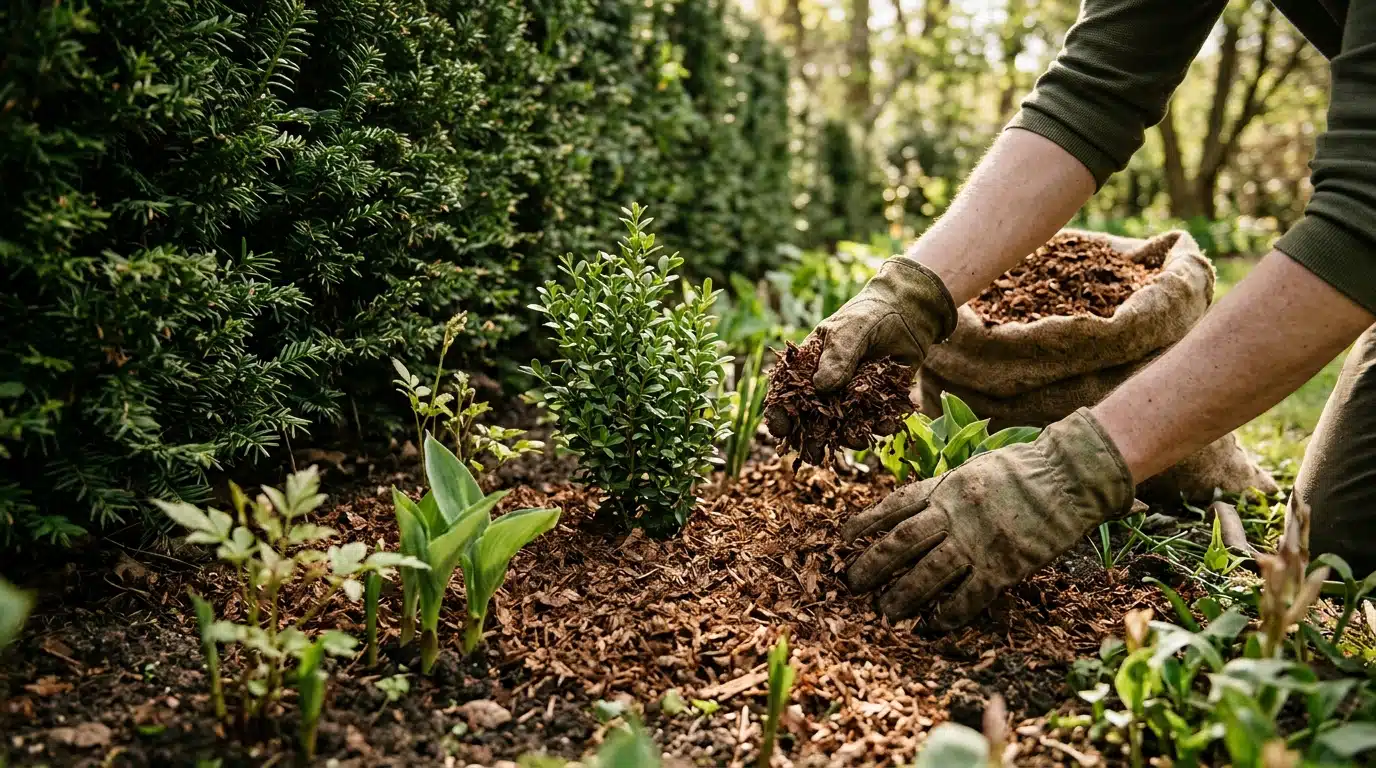 Mains gantées étalant du broyat de feuilles au pied d'une haie