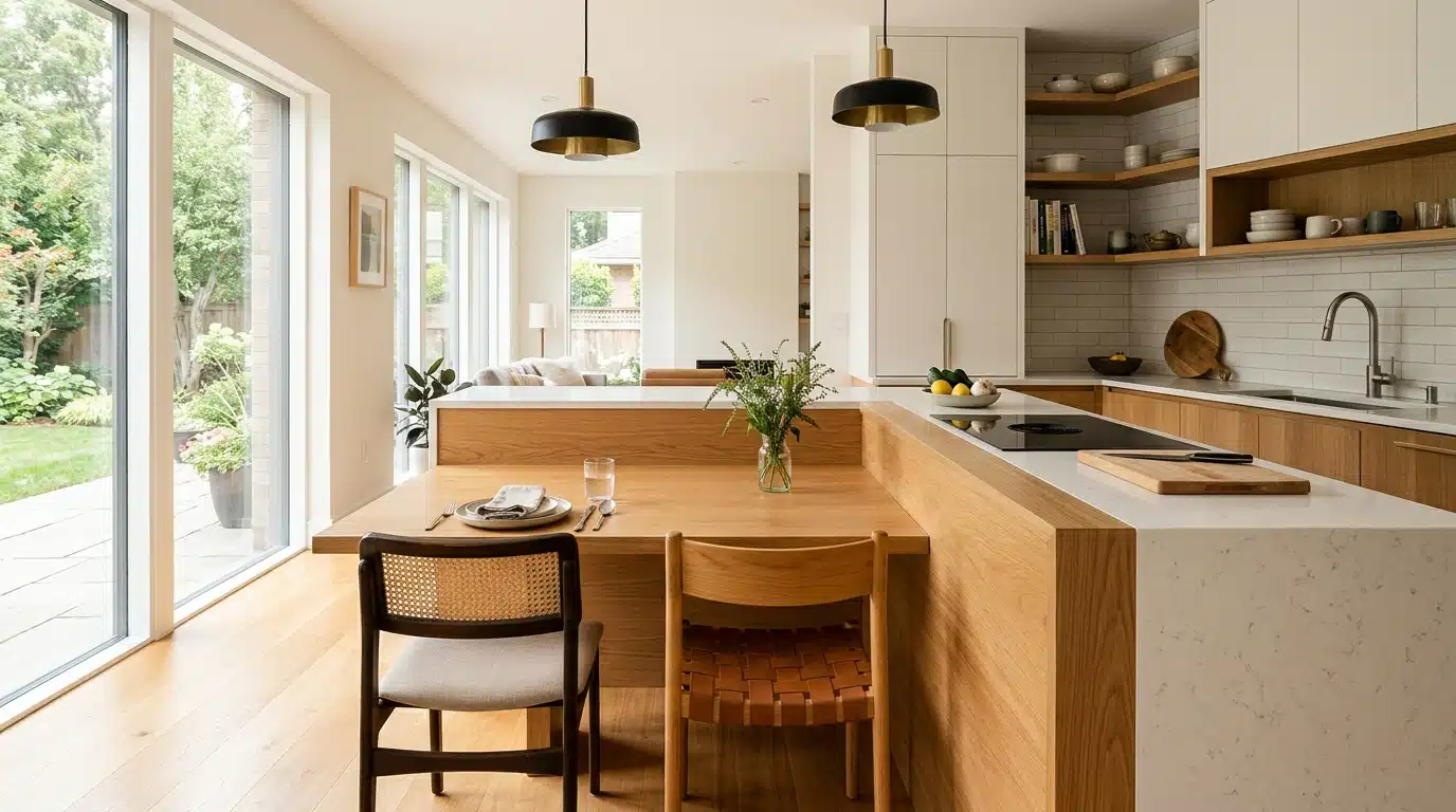 Cuisine lumineuse avec péninsule et table intégrée basse