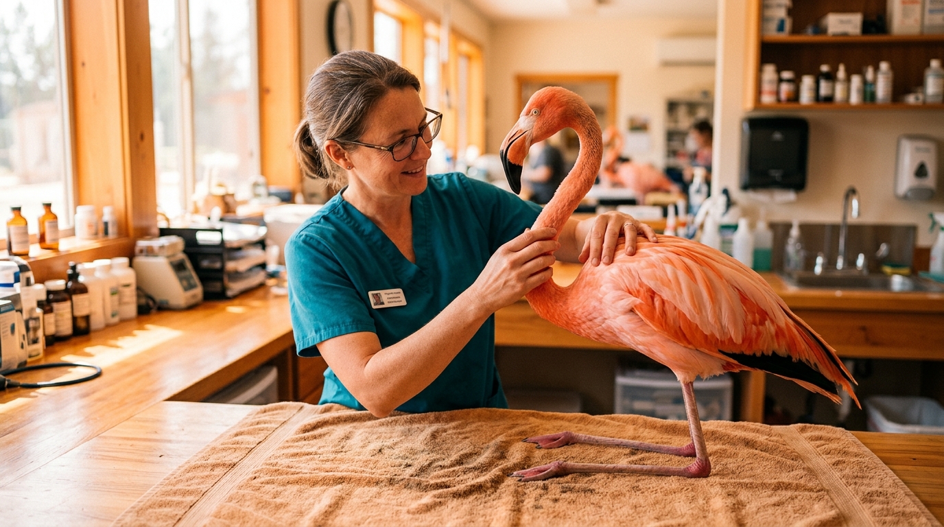 Flamant rose examiné par un vétérinaire