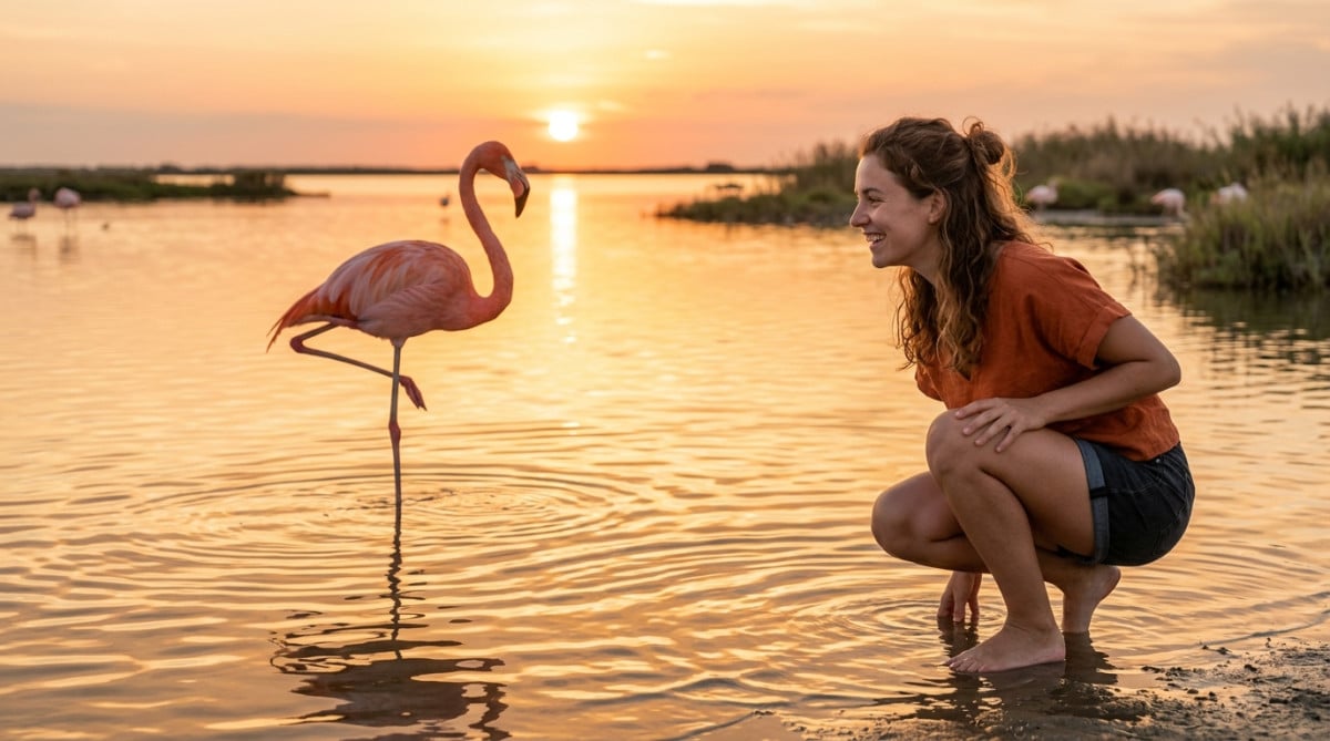 Flamant rose sur une patte au coucher du soleil