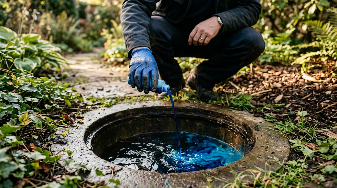 Main gantée versant du colorant bleu dans un regard