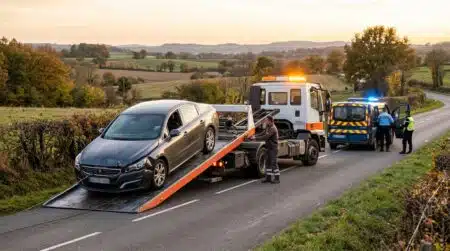 Dépanneuse chargeant une berline sur une route départementale