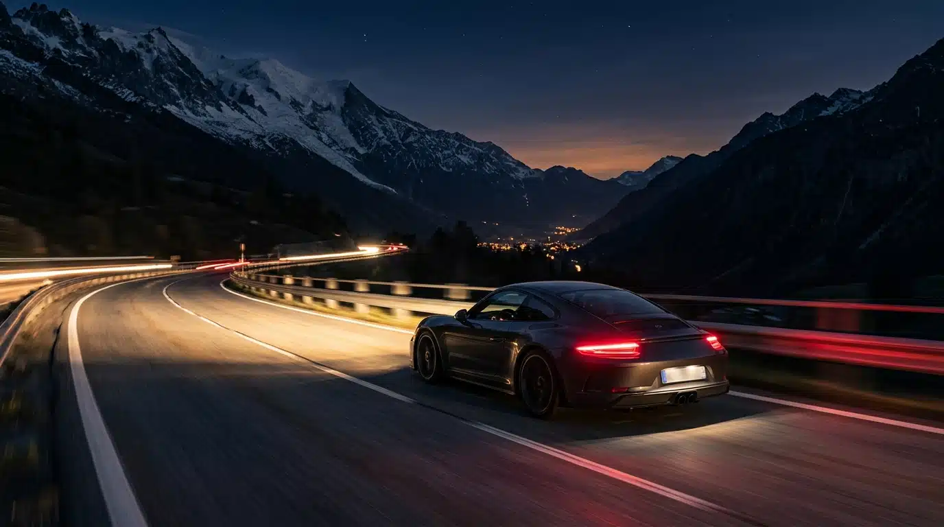 Voiture de sport filant de nuit sur une autoroute alpine