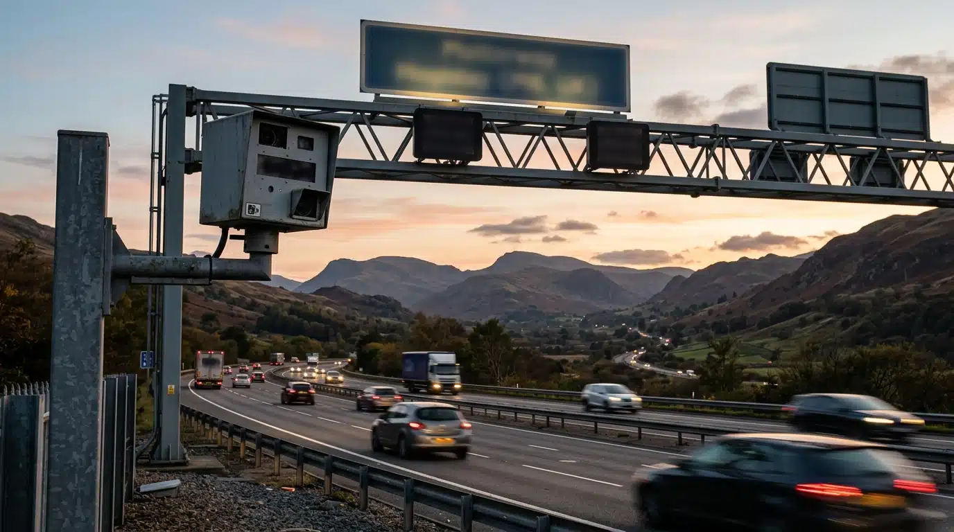 Radar automatique installé au-dessus d'une autoroute au crépuscule