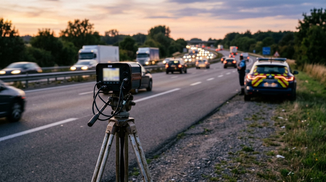 Appareil de mesure de vitesse au bord d'une autoroute au crépuscule