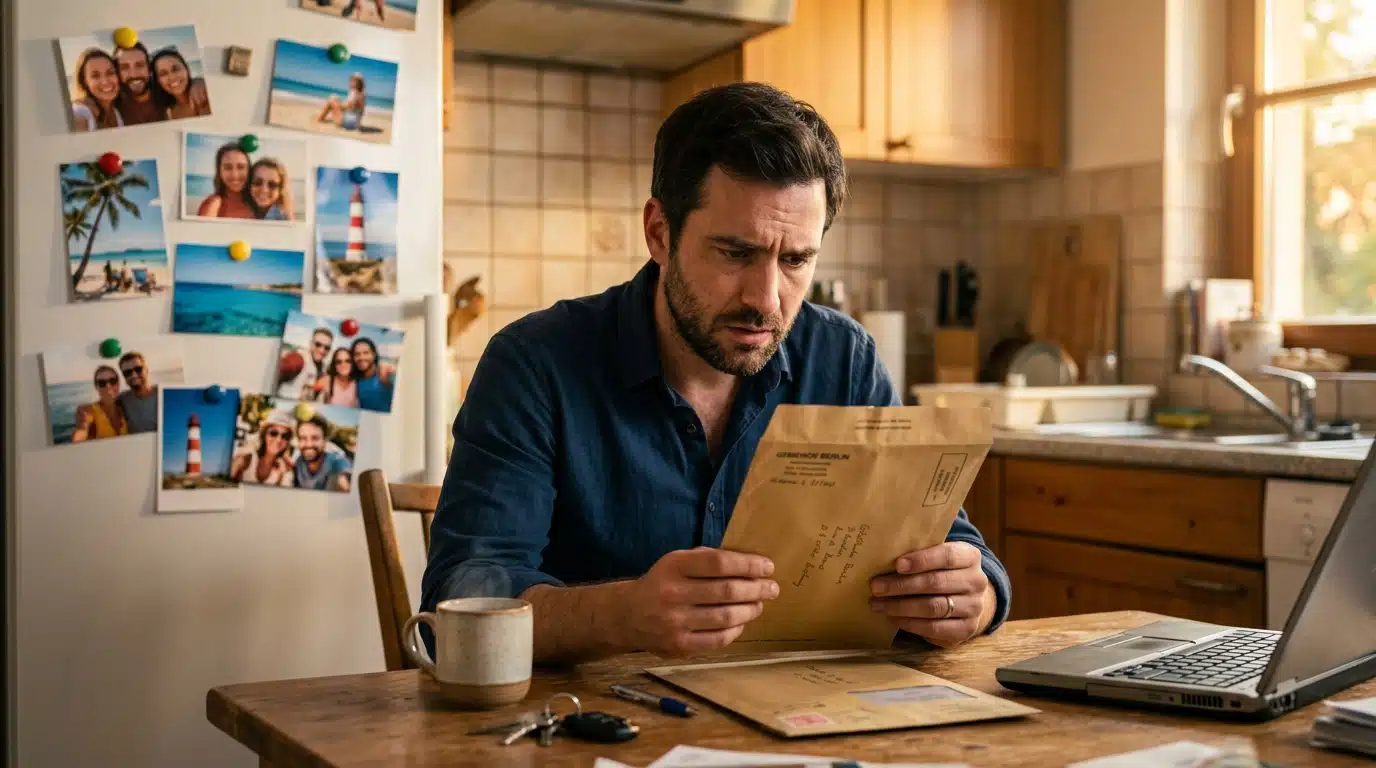 Homme inquiet tenant un avis de contravention après les vacances