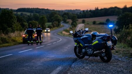 Moto de gendarmerie garée au bord d'une route au crépuscule
