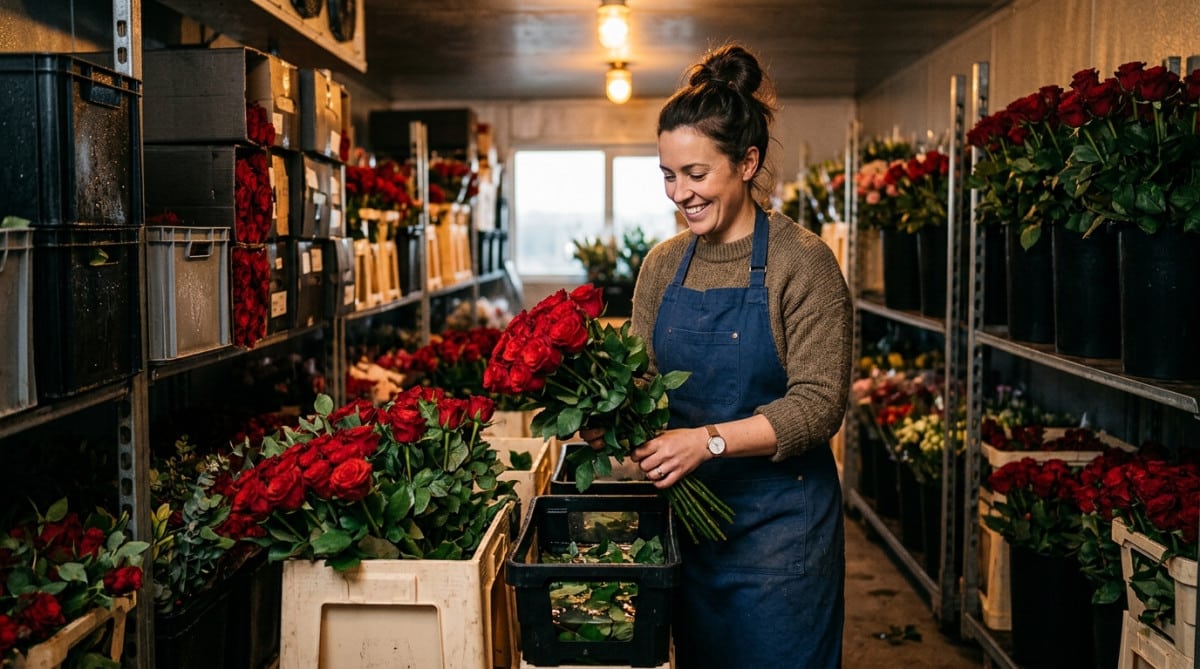Fleuriste triant des caisses de roses rouges en chambre froide