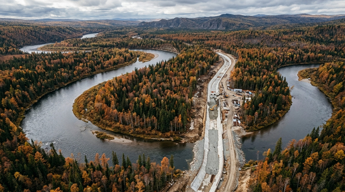 Fleuve sibérien vu du ciel et canal de béton inachevé