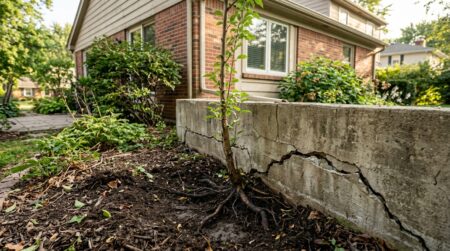 Jeune arbre planté contre un mur fissuré de maison
