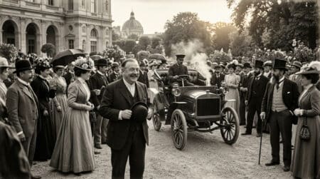 Foule admirant une voiture ancienne aux Tuileries en 1898