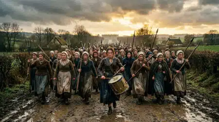 Foule de Parisiennes marchant sous la pluie vers Versailles en 1789