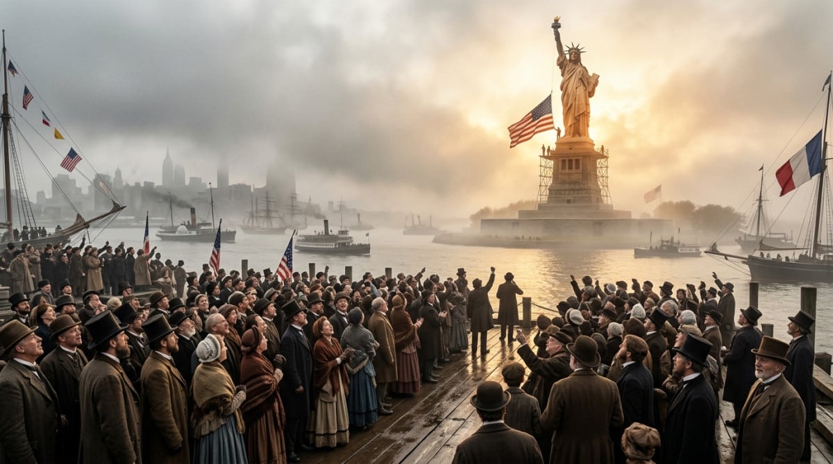 Foule en habits d'époque devant la Statue de la Liberté en 1886