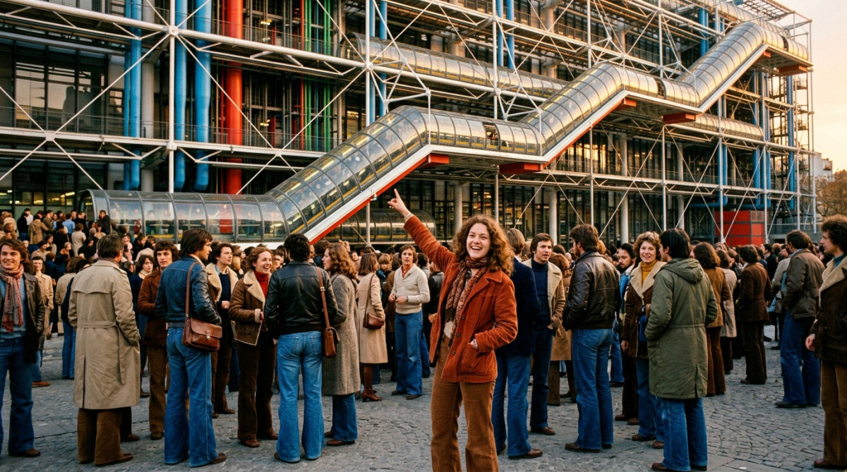 Foule parisienne devant le Centre Pompidou en 1977