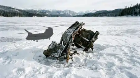 Fragment de métal tordu dans la neige d'un lac gelé