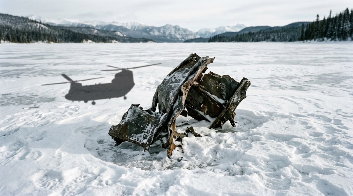 Fragment de métal tordu dans la neige d'un lac gelé