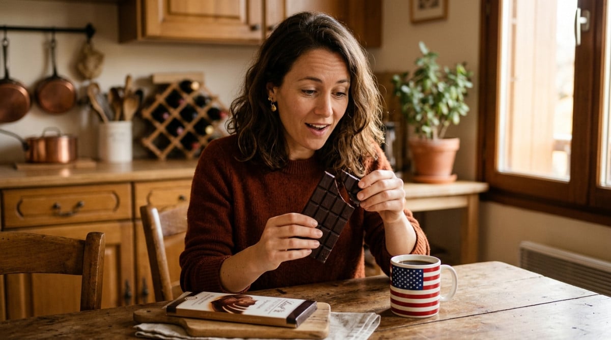 Française croquant un carré de chocolat noir dans sa cuisine