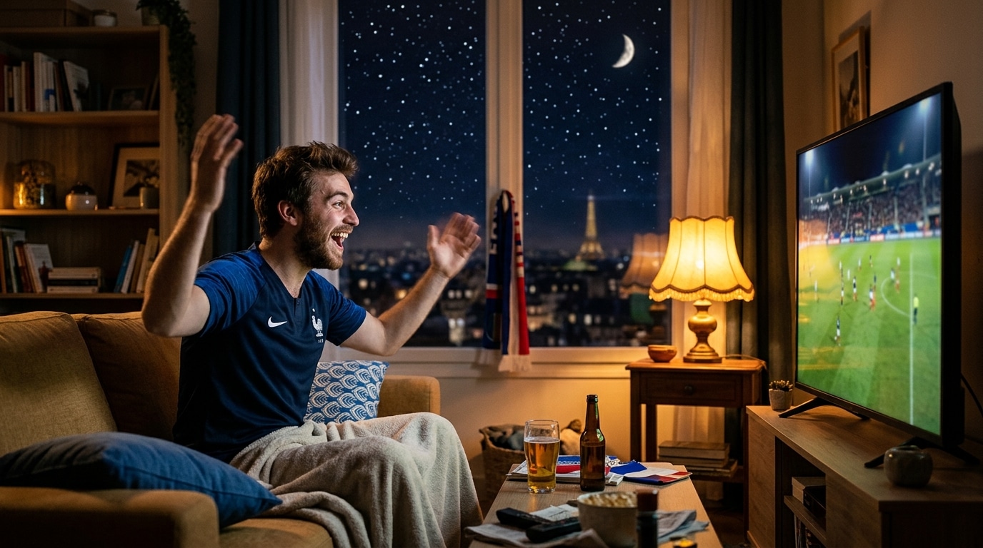 Supporter des Bleus devant le match sous un ciel étoilé