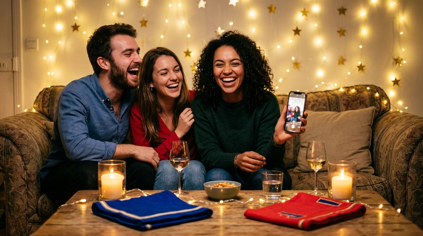Amis rigolant devant un horoscope sur smartphone avant le match