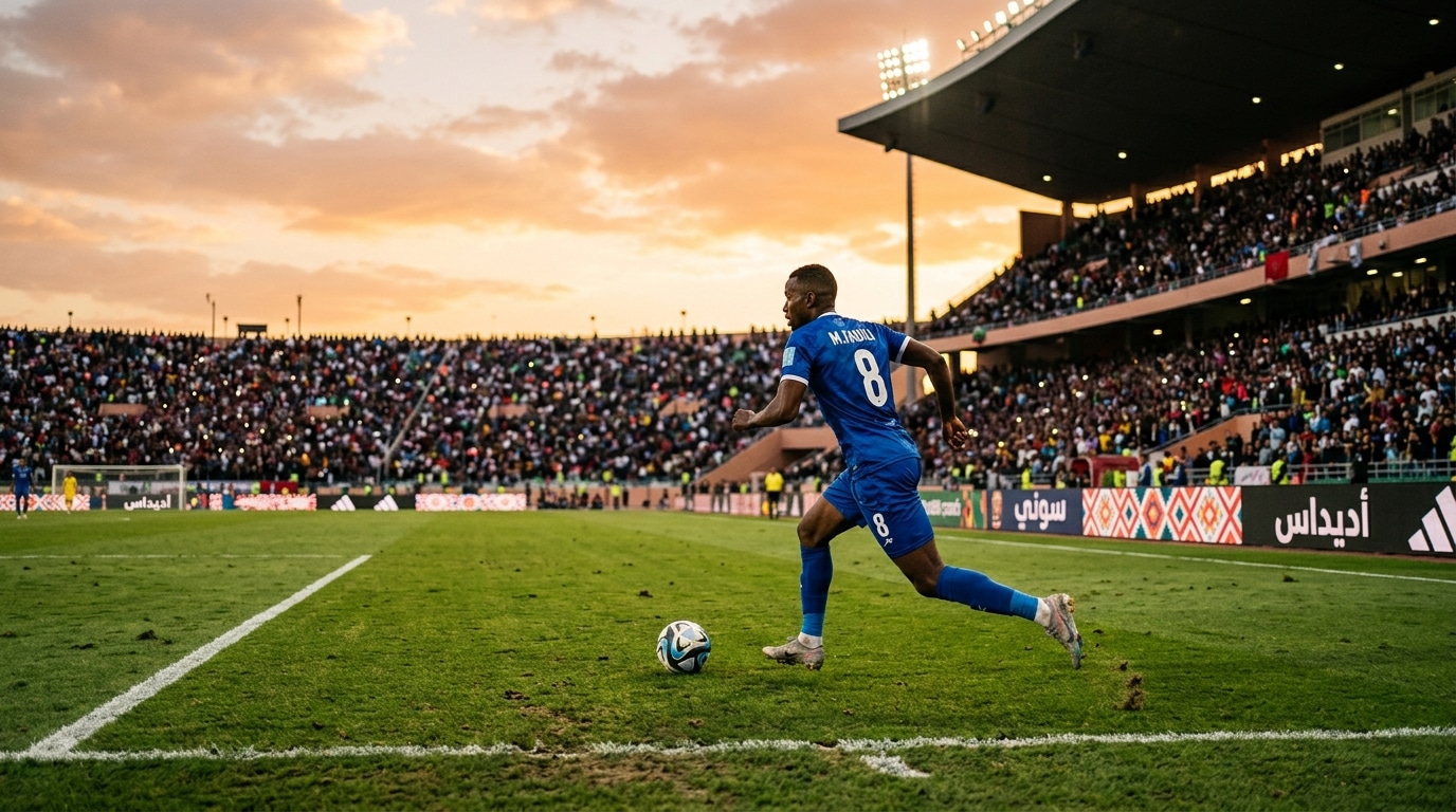 Joueur en bleu qui file sur l'aile dans un stade doré