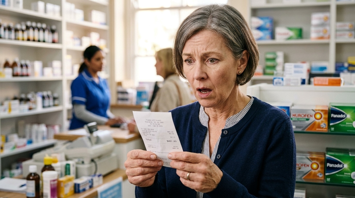 Homme inquiet regardant un ticket devant un comptoir de pharmacie