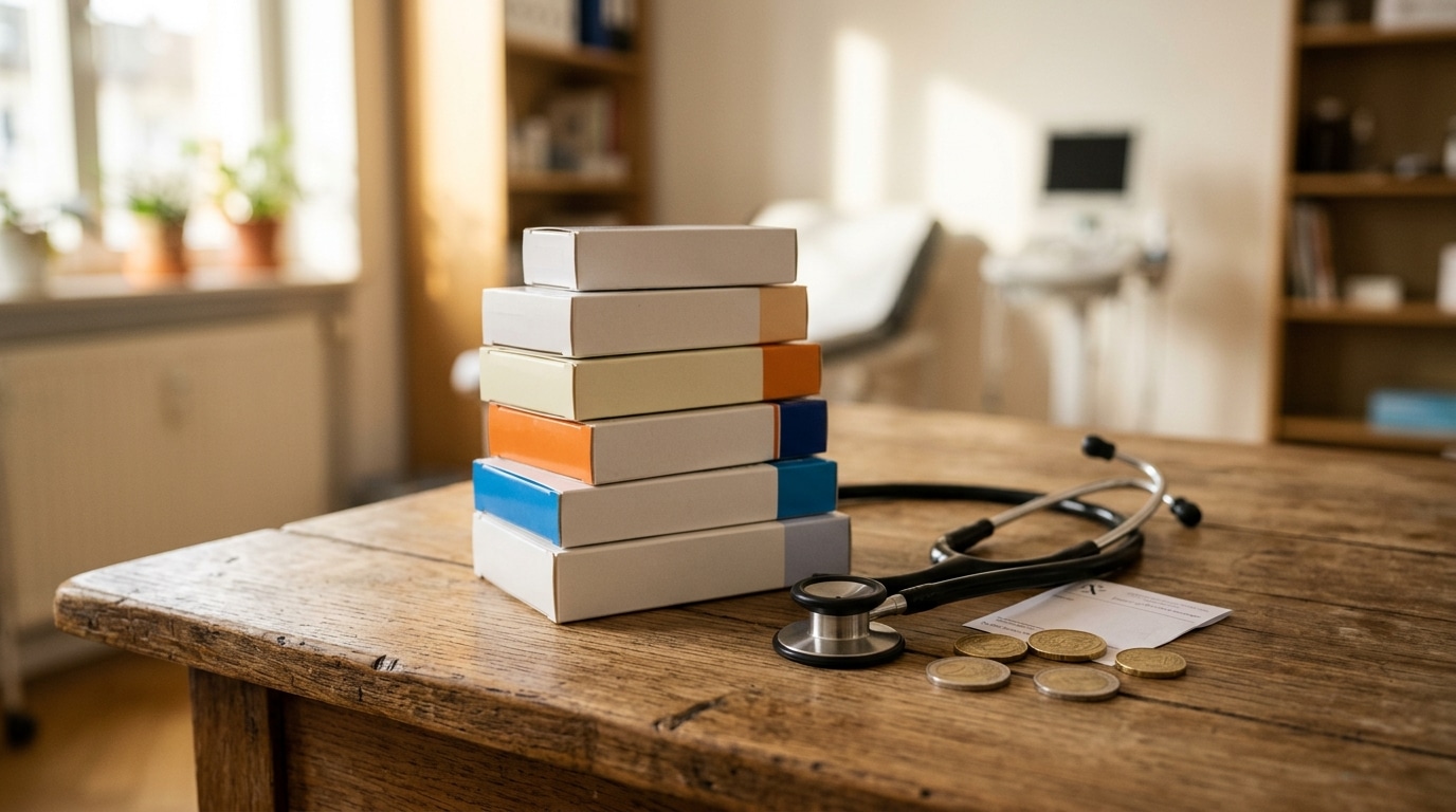 Boîtes de médicaments, stéthoscope et pièces d'euros sur un bureau