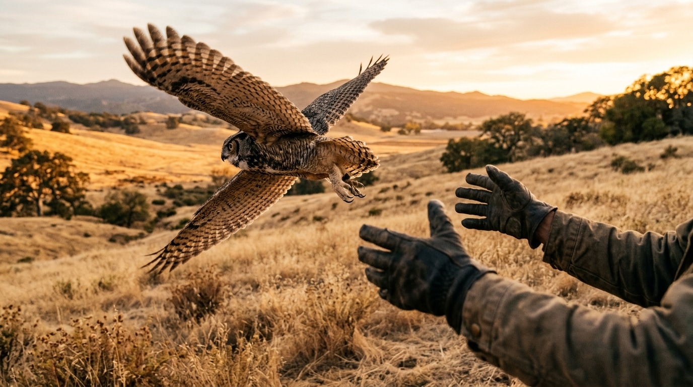 Rapace s'envolant dans un paysage californien au crépuscule
