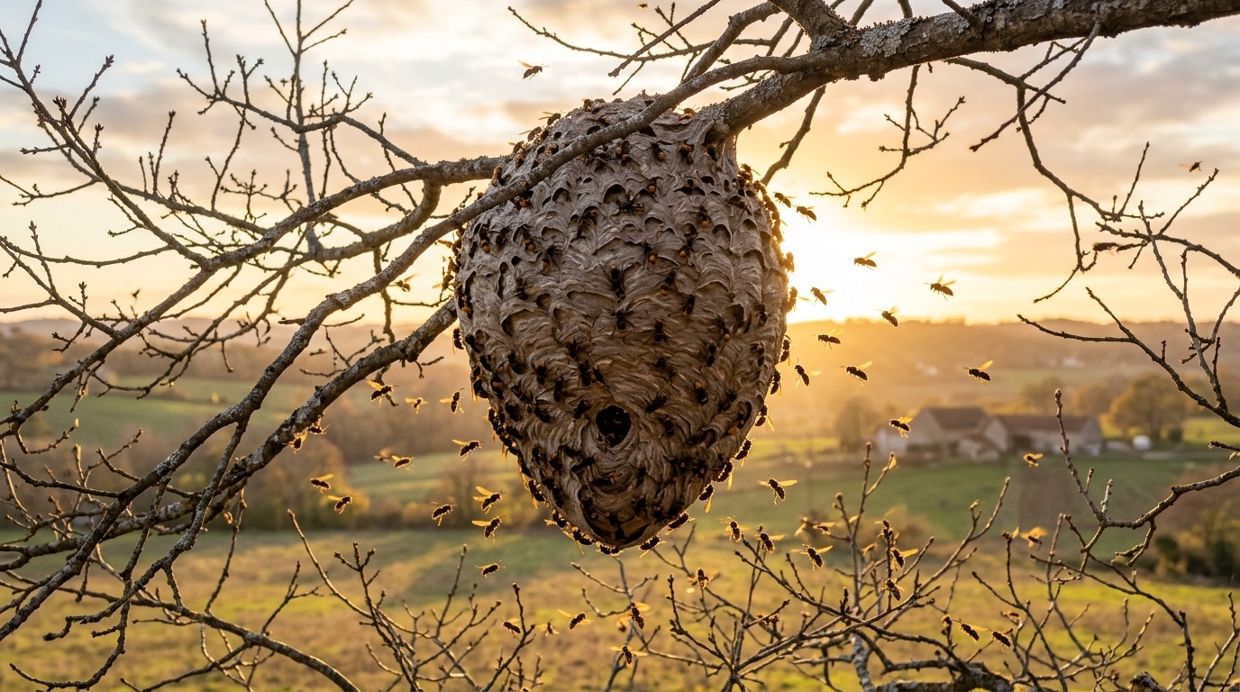 Nid de frelons asiatiques perché dans un arbre en automne
