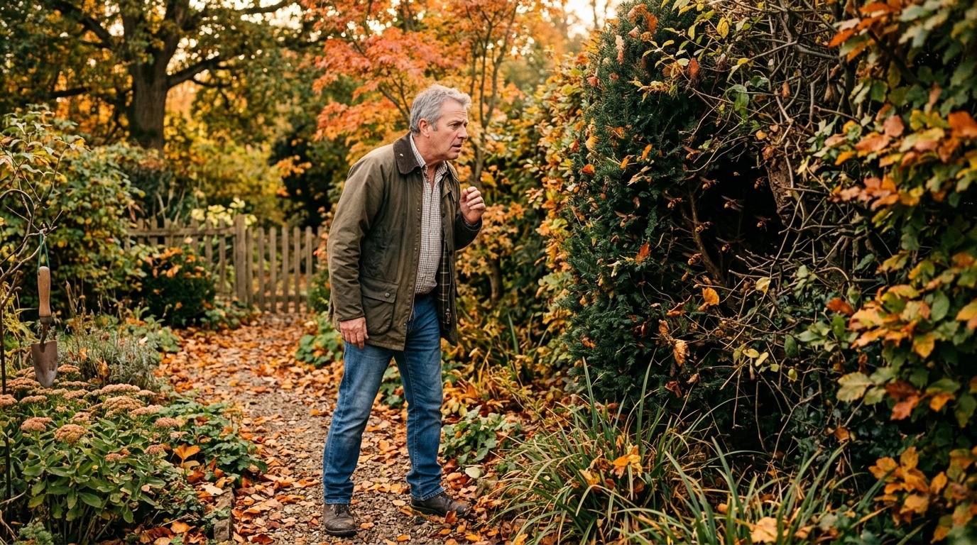 Jardinier inquiet devant une haie où entrent des frelons