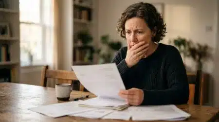 Adulte inquiet devant des papiers sur une table familiale