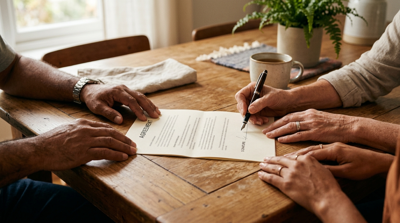 Trois paires de mains autour d'un dossier à signer