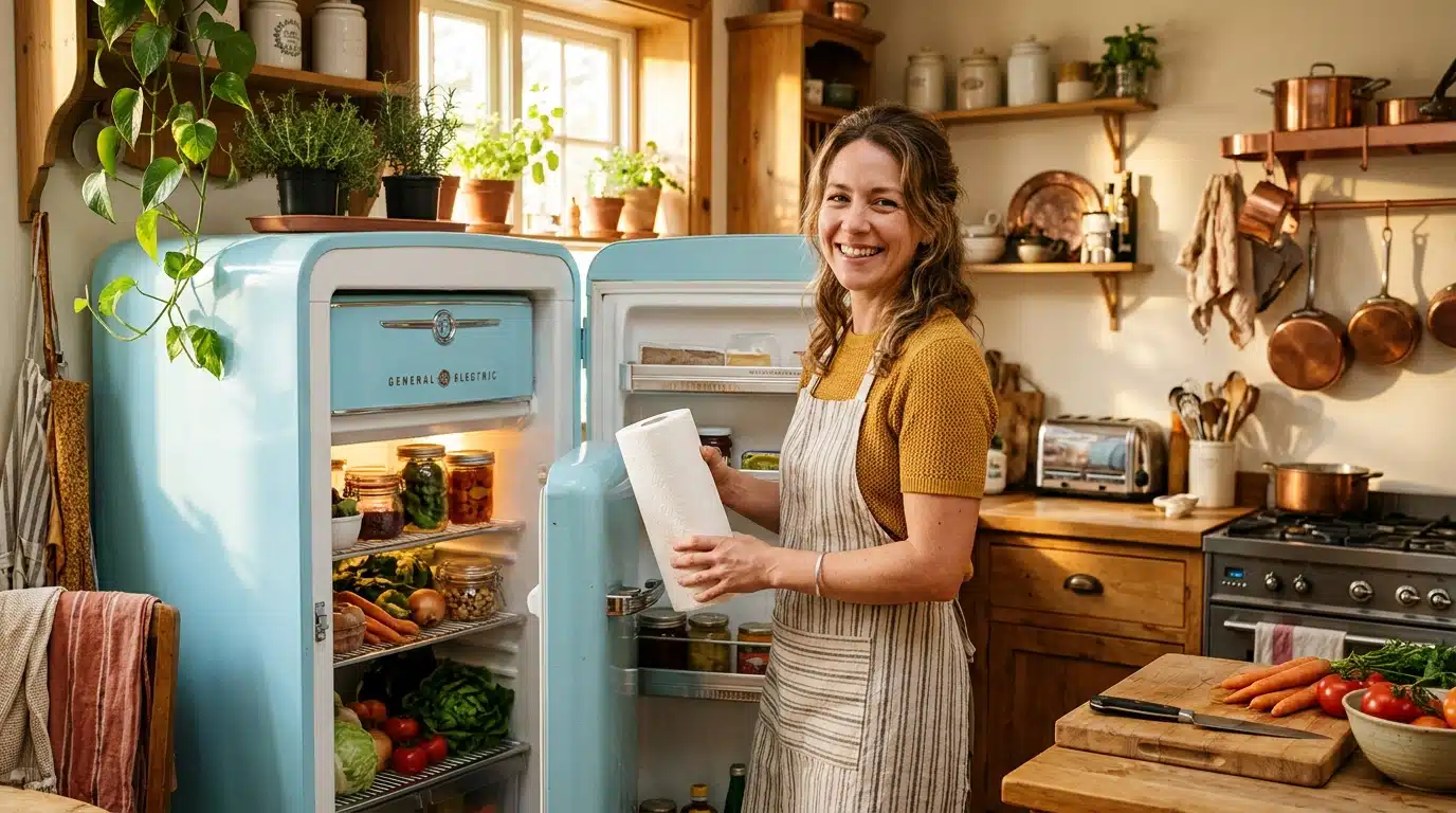 Femme souriante dans une cuisine avec du papier absorbant et un vieux frigo