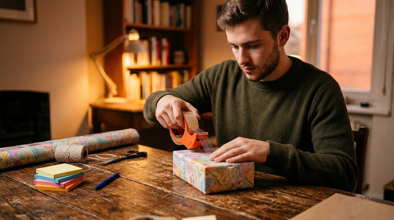 Homme emballant un cadeau avec du ruban adhésif et des notes repositionnables